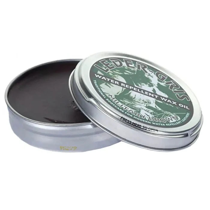 Leder-Gris brown water repellent wax oil tin from the Altberg Military Boot Care Kit, ideal for conditioning and protecting leather boots.  from  John Bull Clothing