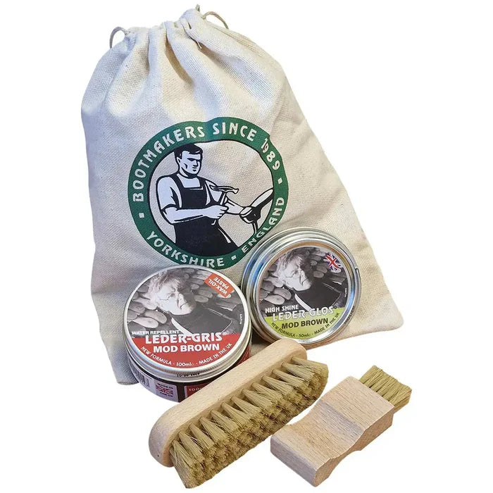 Boot care kit with brushes and polish tins Brown from  John Bull Clothing