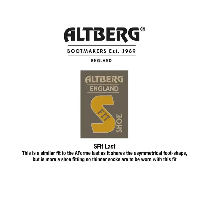 Altberg SFit Last boot fitting guide graphic on a white background, featuring the brand logo, a central color-coded fit card, and explanatory text about the asymmetric fit and sock compatibility.  from  John Bull Clothing