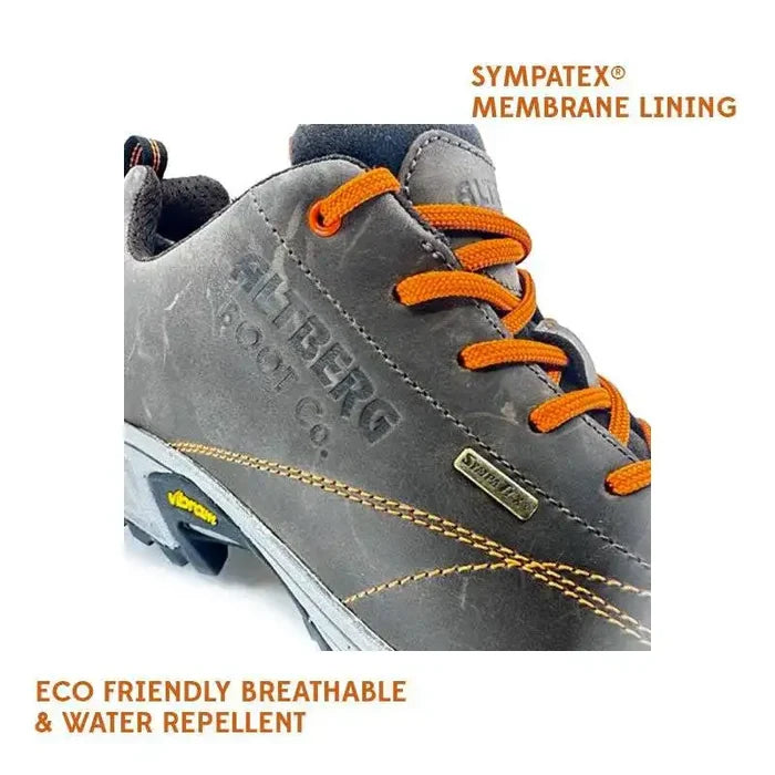 Close-up of Altberg Skipton Nubuck Leather Walking Shoe highlighting Sympatex membrane lining for eco-friendly breathability and water repellency.  from  John Bull Clothing