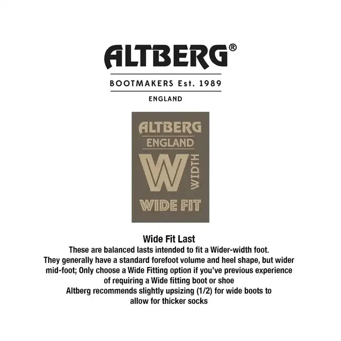 A white informational graphic for Altberg boot fitting, featuring the Altberg logo at the top, a central brown square with 'Altberg England Wide Fit' and a large 'W', and black explanatory text below about wide-fit lasts.  from  John Bull Clothing