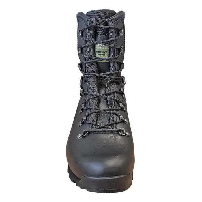 Front view of Altberg Tabbing MK3 Black Police Boot highlighting its reinforced toe, secure lacing system, and breathable mesh tongue for comfort.  from  John Bull Clothing