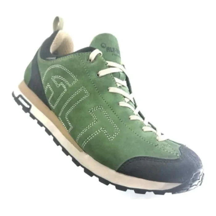 Altberg Wensley Waterproof Outdoor Shoe in green suede with beige laces and rugged sole, ideal for hiking and outdoor adventures.  from  John Bull Clothing