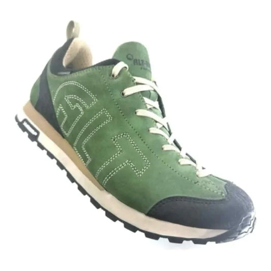 Altberg Wensley Waterproof Outdoor Shoe in green suede with beige laces and rugged sole, ideal for hiking and outdoor adventures.  from  John Bull Clothing