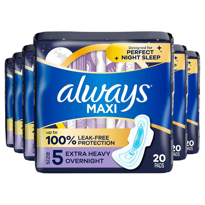 Always Maxi Extra Heavy Overnight Size 5 Pads with Wings Unscented - 20 Ct - 6 Pack