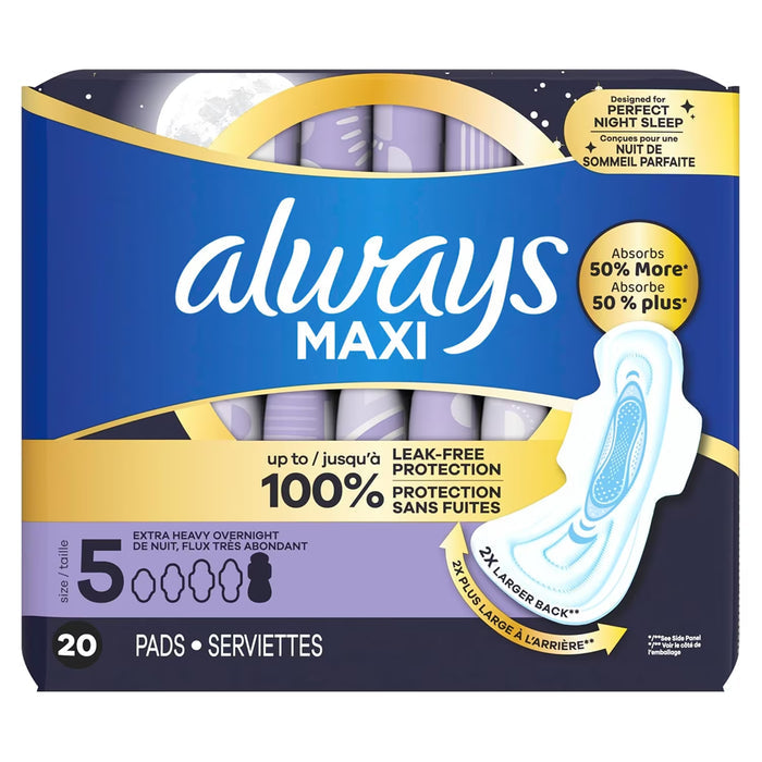 Always Maxi Extra Heavy Overnight Size 5 Pads with Wings Unscented - 20 Ct - 6 Pack