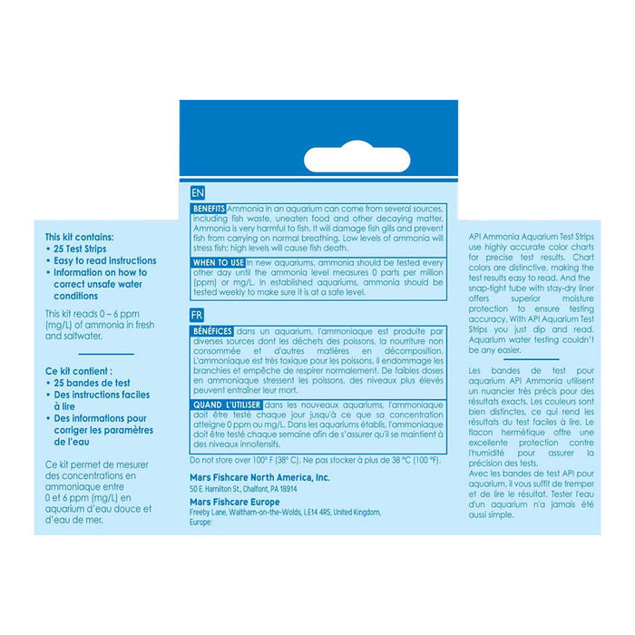 Back of Ammonia Test Strips NH3/NH4 (Freshwater & Saltwater Aquariums) 25 count box.