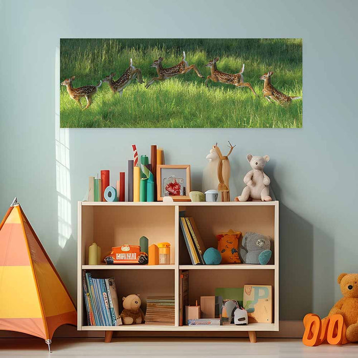 48 inch Poconos Fawn Jumping Panoramic Poster Installed Above Toy Shelf