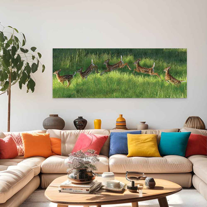 60 inch Poconos Fawn Jumping Panoramic Poster Installed in Living Room