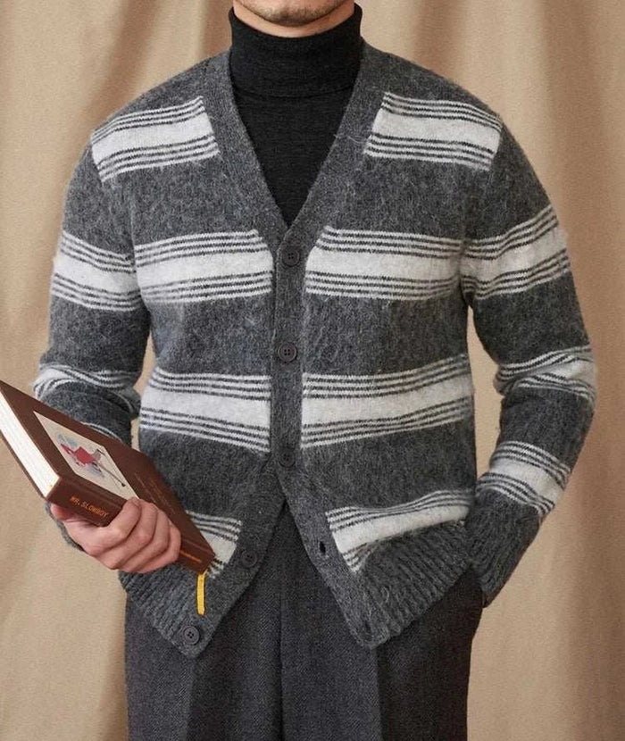 Antonios striped wool v-neck cardigan winter essential - AntoniosClothing - Brown