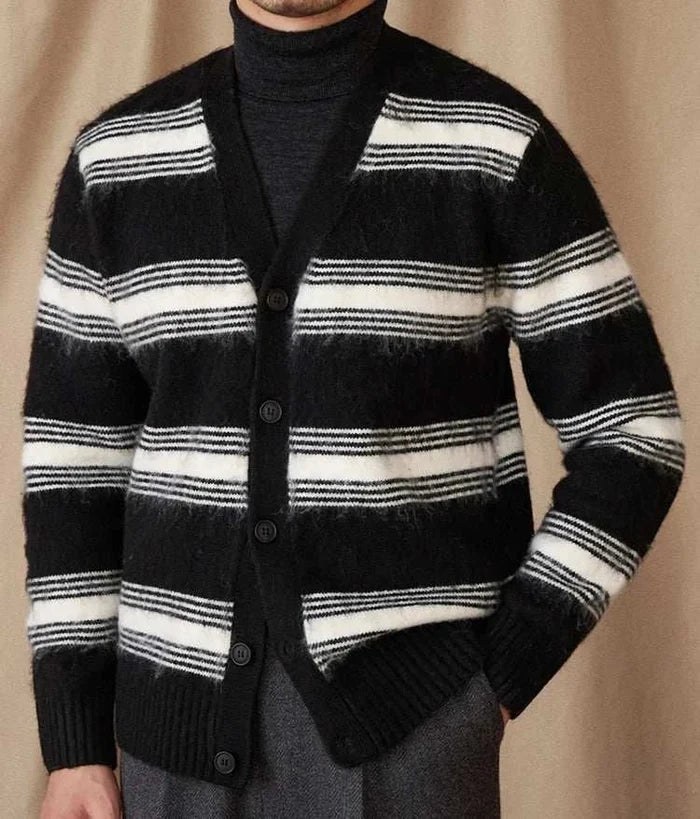 Antonios striped wool v-neck cardigan winter essential - AntoniosClothing - Brown