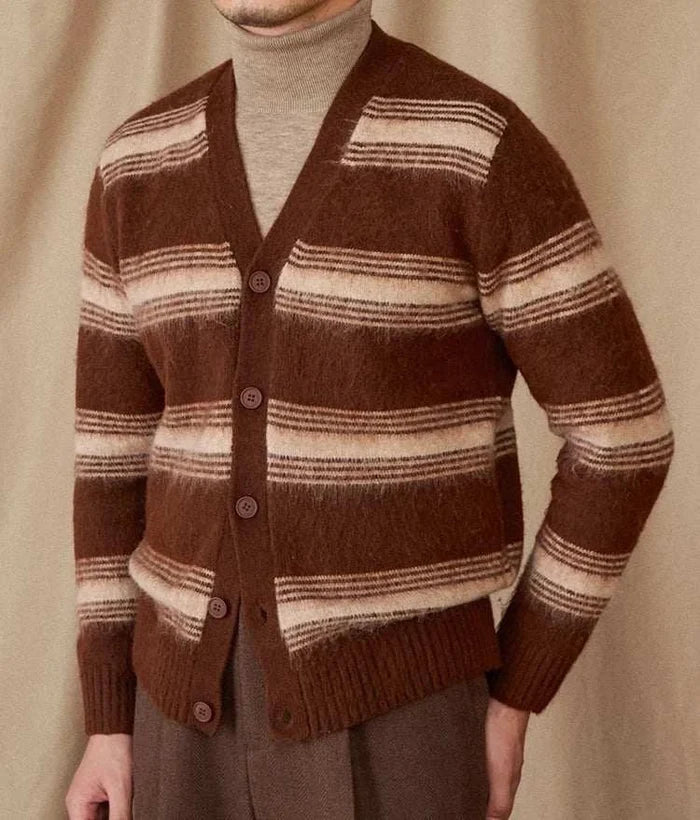 Antonios striped wool v-neck cardigan winter essential - AntoniosClothing - Brown