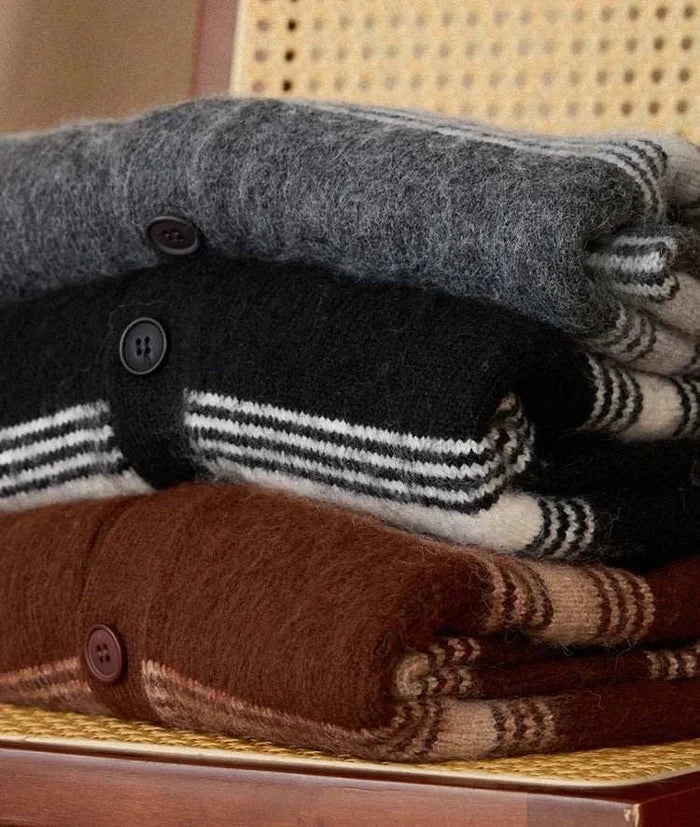 Antonios striped wool v-neck cardigan winter essential - AntoniosClothing - Brown