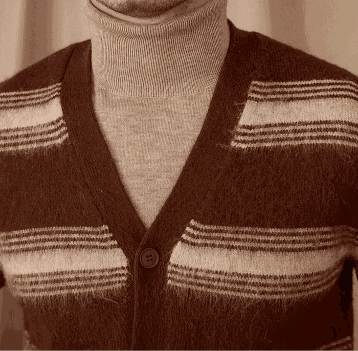 Antonios striped wool v-neck cardigan winter essential - AntoniosClothing - Brown