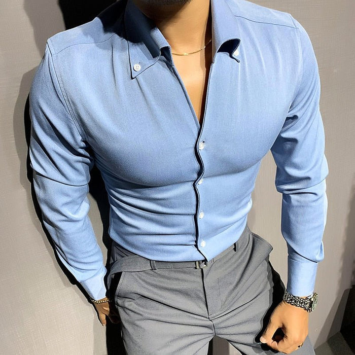 AntoniosClothing Solid Elegant Long-Sleeve Shirt - AntoniosClothing - Navy Blue