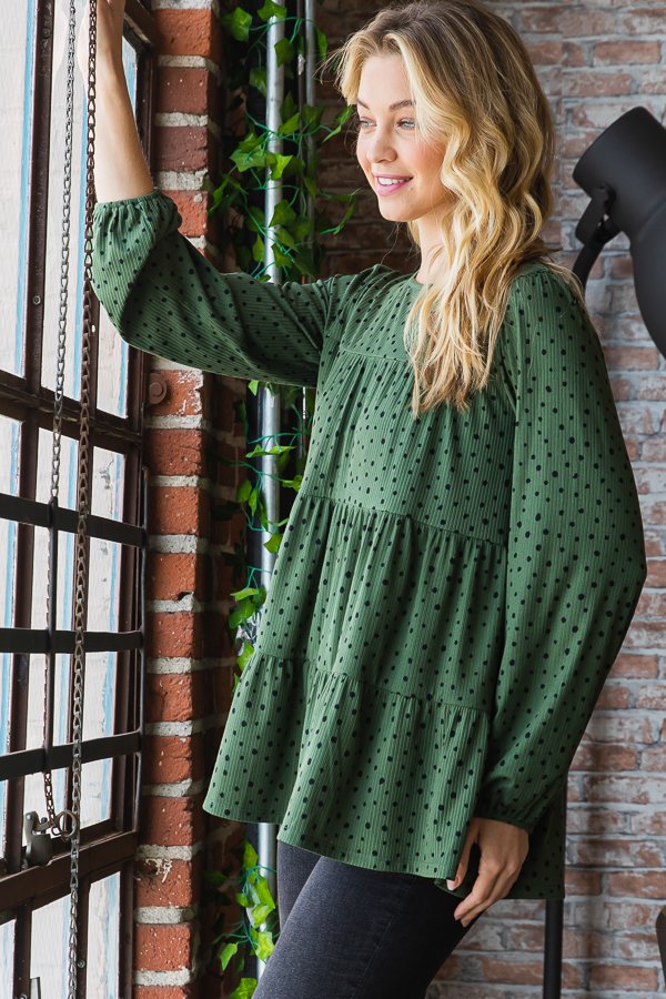 Apple Picking Olive Green Polka Dot Top