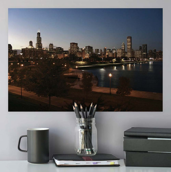 24 inch Downtown Chicago Poster Displayed Above Desk