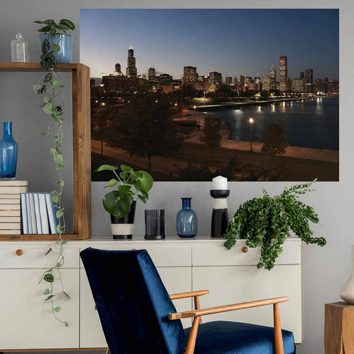 60 inch Downtown Chicago Poster Displayed Above Console Table