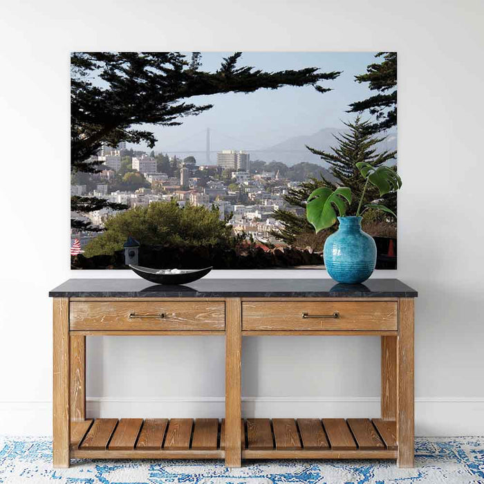 60 inch Golden Gate Bridge Poster Displayed Above Console Table