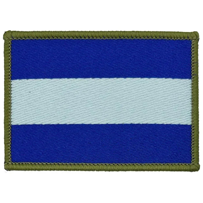 Single Army Air Corp TRF iron on patch featuring a blue and light blue striped design with olive green trim, suitable for Army Air Corps uniforms. 1 Flash from  John Bull Clothing