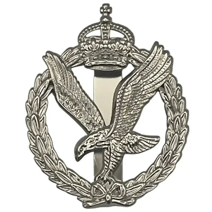 Silver Army Air Corps cap badge featuring a detailed eagle, crowned with a Tudor Crown, surrounded by a laurel wreath, with SKU: JB1641