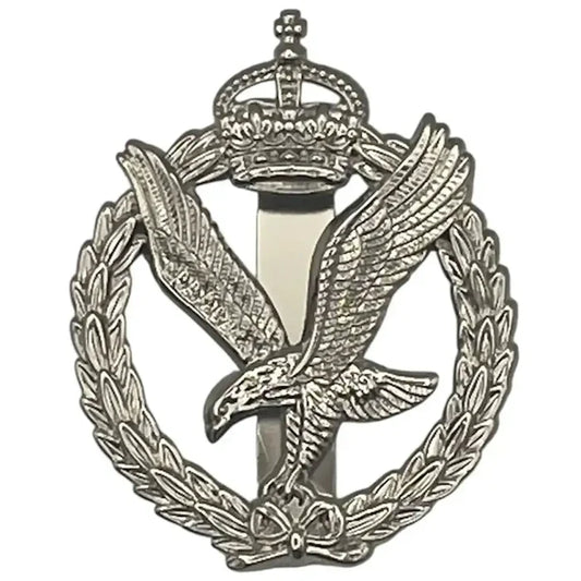 Silver Army Air Corps cap badge featuring a detailed eagle, crowned with a Tudor Crown, surrounded by a laurel wreath, with SKU: JB1641