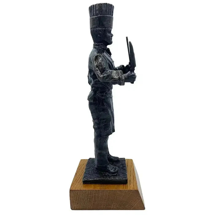 Right side angle of Army Chef Statue Bronze Resin | John Bull Clothing highlighting craftsmanship and bronze resin texture on wooden base.  from  John Bull Clothing   from John Bull Clothing