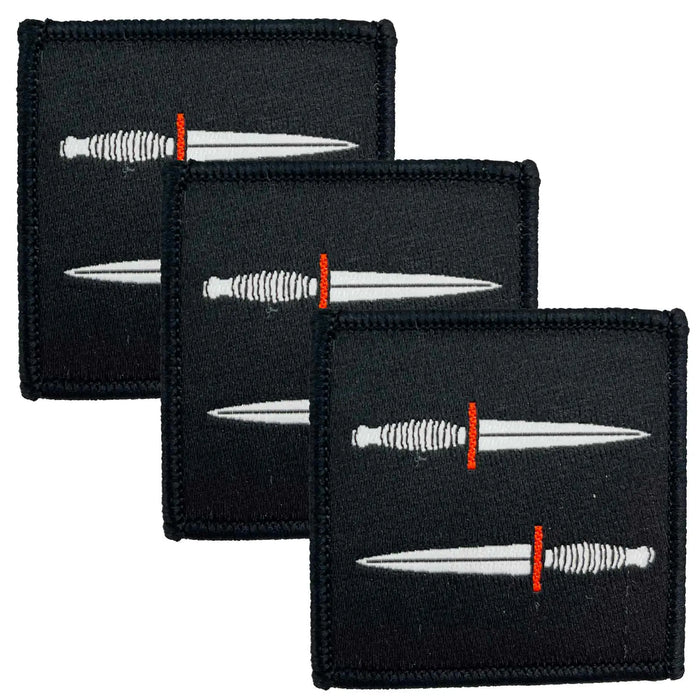 Set of three Army Special Operations Brigade ASOB Iron On TRF Flash patches featuring dual white daggers with red hilts on a black square background. Pack of 3 from  John Bull Clothing