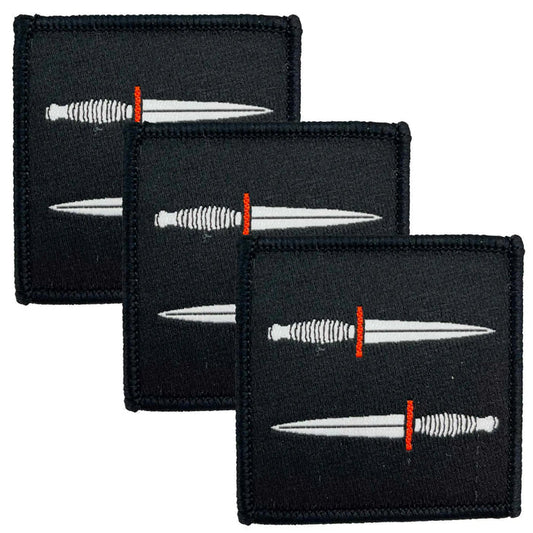 Set of three Army Special Operations Brigade ASOB Iron On TRF Flash patches featuring dual white daggers with red hilts on a black square background. Pack of 3 from  John Bull Clothing