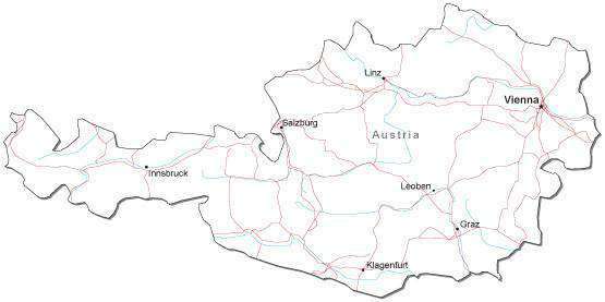 Austria Black & White Map with Capital Major Cities and Roads