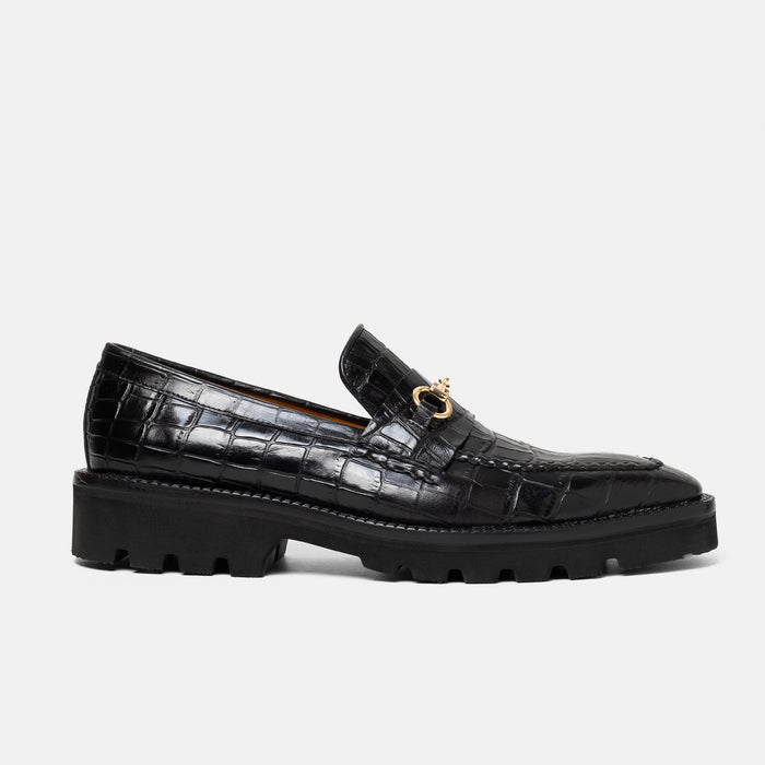BATAN mocasín negro piel cocodrilo bordo tejido vista frontal edición limitada
