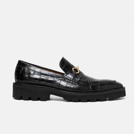 BATAN mocasín negro piel cocodrilo bordo tejido vista frontal edición limitada