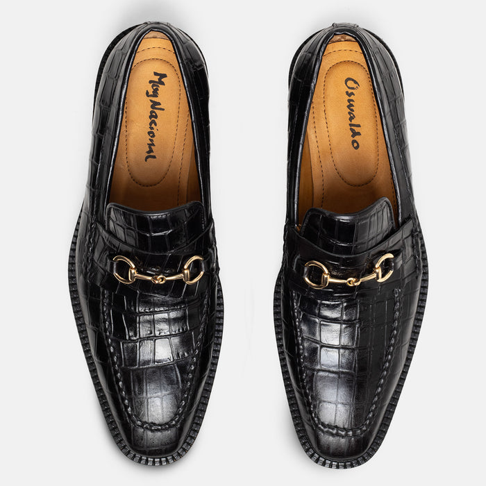 BATAN zapato mocasín negro piel ternera cocodrilo vista superior artesanal