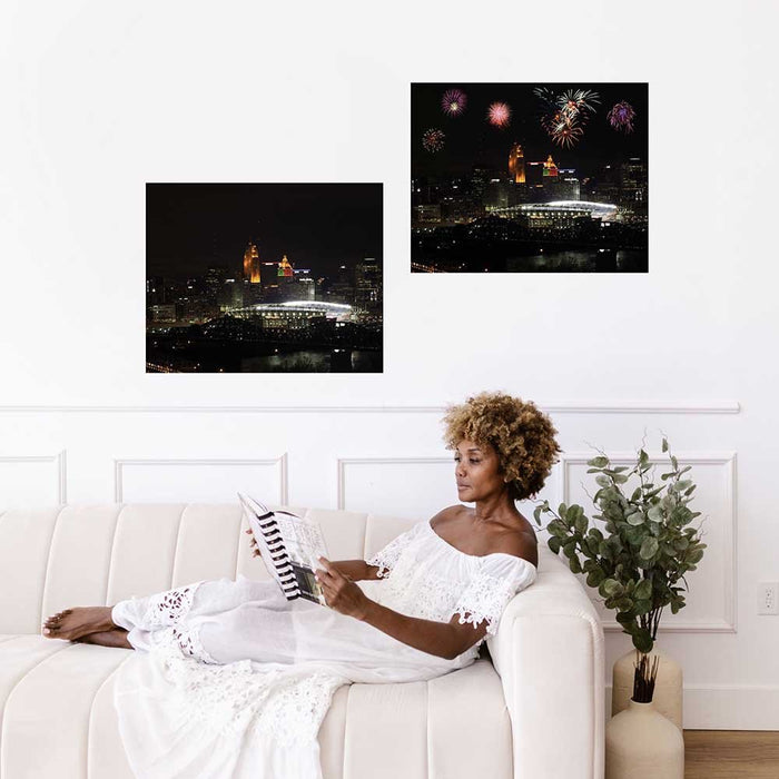 19x24 inch Paul Brown Stadium Fireworks Poster Displayed Above Sofa
