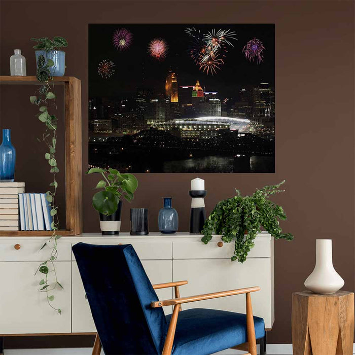 38.5x48 inch Paul Brown Stadium Fireworks Poster Displayed Above Console Table