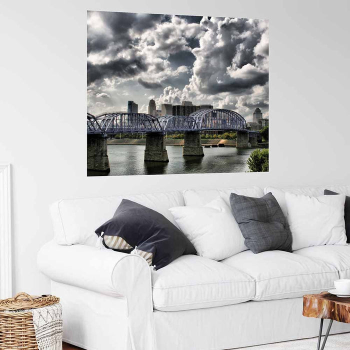 38x48 inch Purple Bridge Poster Displayed Above Sofa