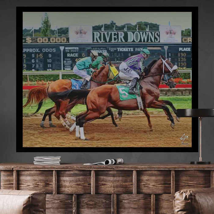 38.5x48 inch River Downs Horse Race Decal Installed Above Console Table
