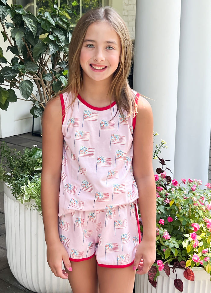 Be Elizabeth - Tank Lounge Set - Pink Patriotic Flags