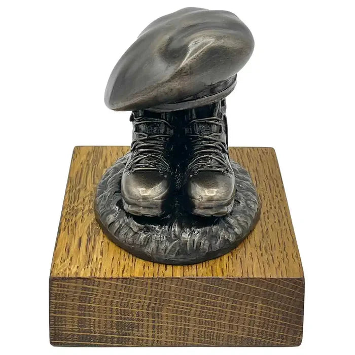 Bronze resin Beret and Boots Statue on Oak Base | John Bulls military decor with lifelike boot and beret design, ideal for commemorative display. No Badge from  John Bull Clothing