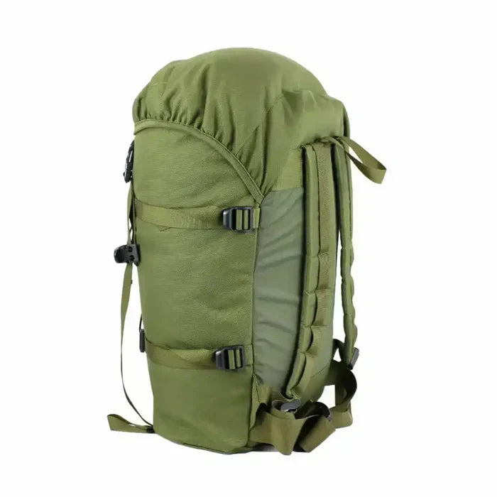 Rear side of green Berghaus Munro II IR Tactical Daysack with padded shoulder straps and adjustable side straps for comfort and fit.  from  John Bull Clothing