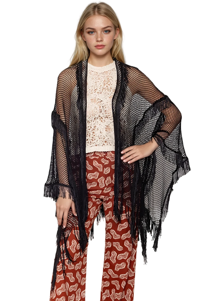 Black Fishnet Kimono with Fringe