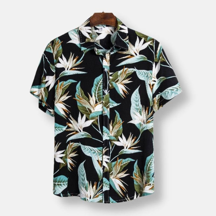 Black Hawaiian Floral Print Short Sleeve Shirt - AntoniosClothing - Black