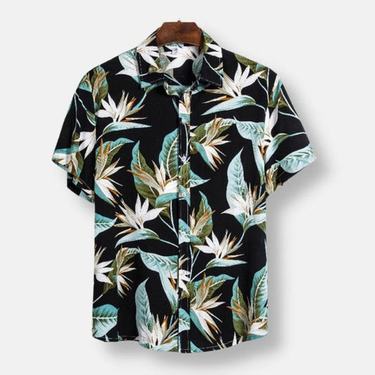 Black Hawaiian Floral Print Short Sleeve Shirt - AntoniosClothing - Black