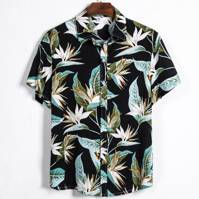 Black Hawaiian Floral Print Short Sleeve Shirt - AntoniosClothing - Black