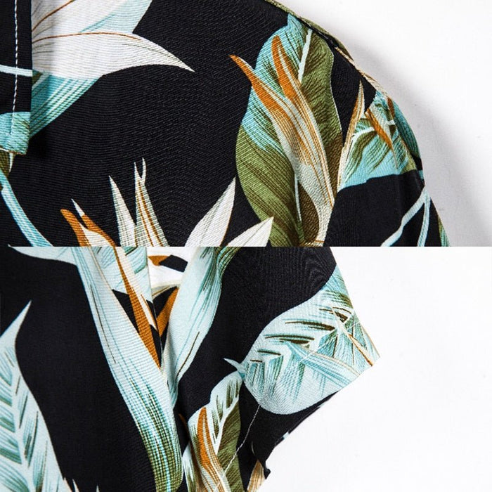 Black Hawaiian Floral Print Short Sleeve Shirt - AntoniosClothing - Black