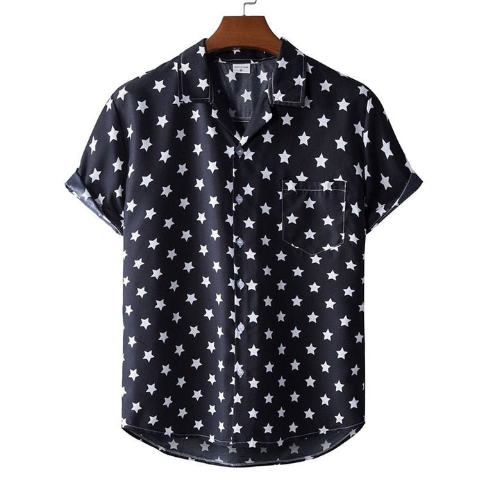 Black Hawaiian Star Print Short Sleeve Shirt - AntoniosClothing - Black