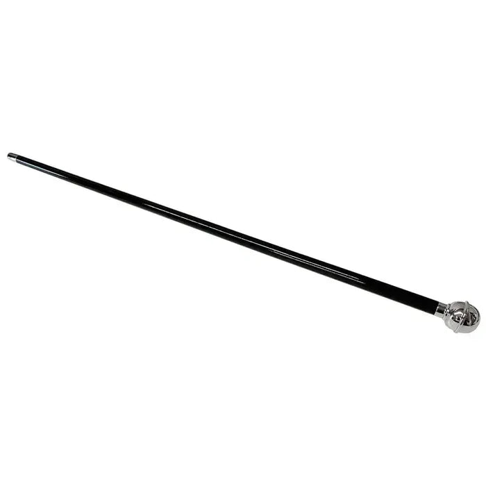 Full-length view of the 27-inch Black Regimental Swagger Stick with a sleek wooden shaft and chrome plain top, used by military officers.  from  John Bull Clothing