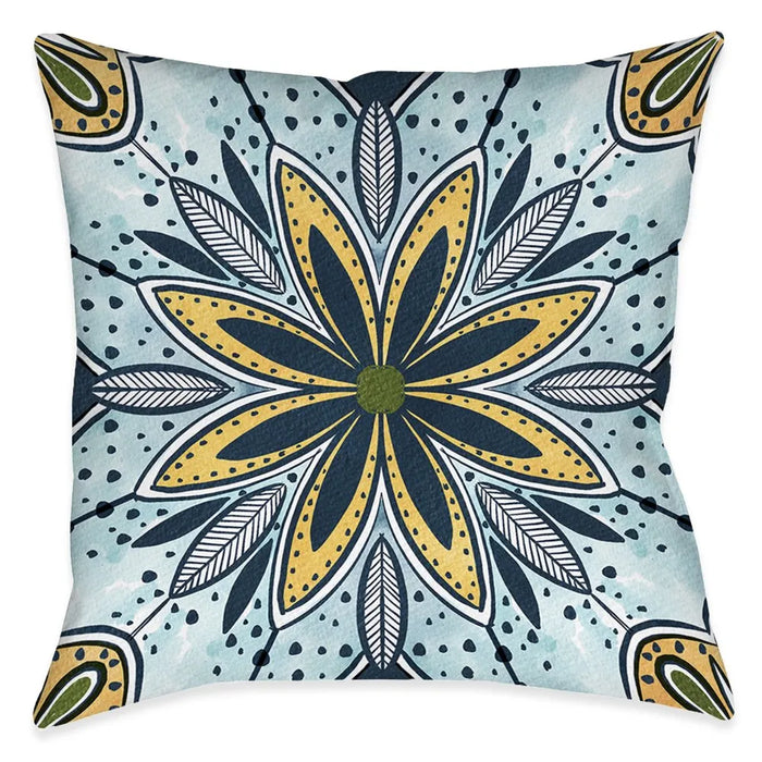 Blue Sunrise Medallion Flower Outdoor Decorative Pillow