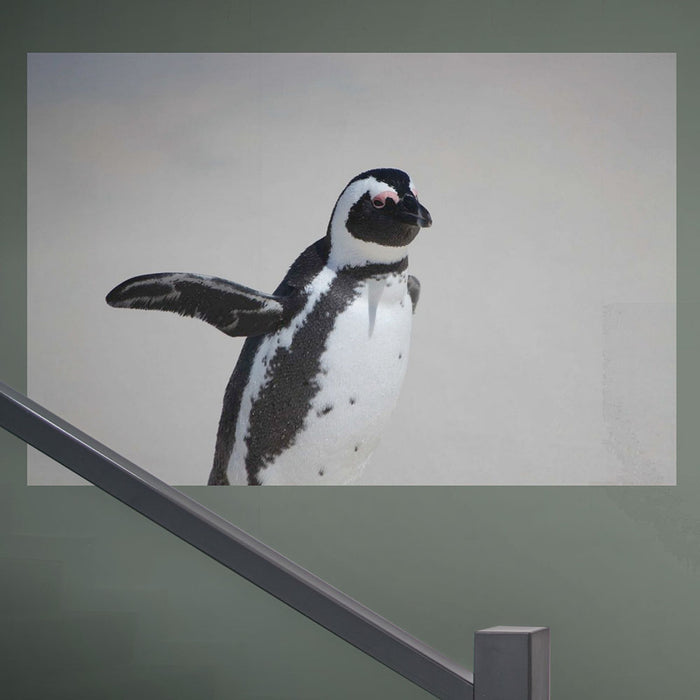32x48 inch Penguin Waving Poster Displayed Above Handrail