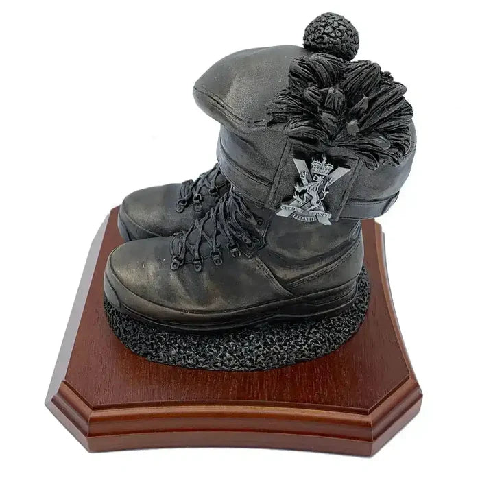 Side view of Boots and Tam O'Shanter Statue showing detailed bronze resin boots and traditional Scottish cap with regimental badge. Military sculpture decor.  from  John Bull Clothing